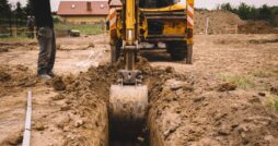 Construction worker standing next to a yellow crane truck digging a ditch in an empty lot covered in soil.