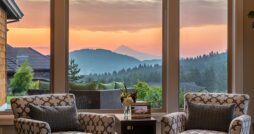 Two accent chairs sit in front of floor-to-ceiling picture windows with a view of a sunset over a mountain range.
