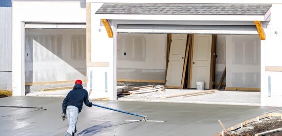 A construction worker smooths a freshly poured concrete driveway in front of a new two-car garage under construction.