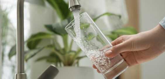 A close-up view shows a person holding a tall, clear glass under a stainless steel faucet and filling it with water.