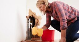 A woman using a sponge to mop up a large puddle that has come from a hole in the wall, exposing the plumbing within.