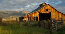 An old wooden barn standing in an open field on an agricultural property. It is surrounded by a simple fence.