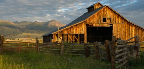 An old wooden barn standing in an open field on an agricultural property. It is surrounded by a simple fence.