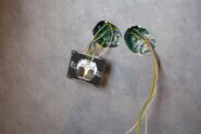 Partly installed electrical socket dangles from exposed wires beside two circular openings in a textured gray wall.
