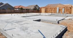 A concrete home foundation sits at a construction site beside wooden framing and nearby houses under a blue sky.