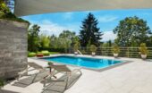 Rectangular backyard pool surrounded by a tiled patio, lounge chairs, potted plants, and lush green trees.