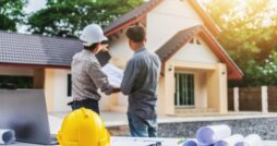 A person in a hard hat points near a house while another person holds plans at a table in the foreground.