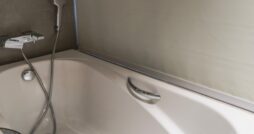 Light shining on a rectangular acrylic bathtub in a residential bathroom. A shower head attachment is on the wall.