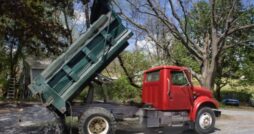 A dump truck with a green bed and red cab dumps aggregate in the front yard of a residential property.
