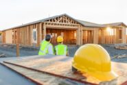 Two people wearing yellow hard hats and yellow safety vests are standing next to a home construction site.