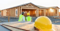 Two people wearing yellow hard hats and yellow safety vests are standing next to a home construction site.