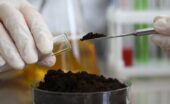 White-gloved hands holding a glass test tube and a metal spatula filled with dark soil above a glass dish of soil.